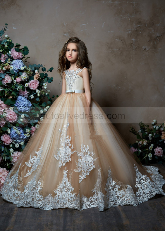 Beaded Ivory Lace Cappuccino Tulle Keyhole Back Flower Girl Dress